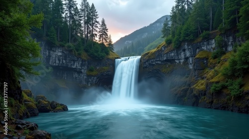 A high-quality photo of Reichenbach Falls in Switzerland at dawn, rainy conditions, taken from an ordinary perspective with rain enhancing the natural beauty of the waterfall.