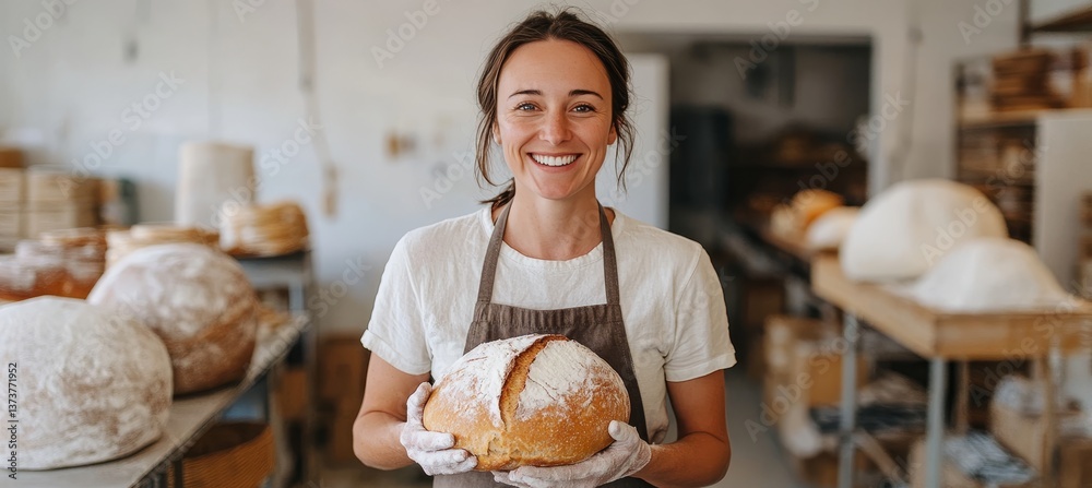 Proud Baker Holding Freshly Baked Loaf in Artisan Bakery A Portrait of Small Business Ownership