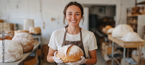 Obraz na płótnie Proud Baker Holding Freshly Baked Loaf in Artisan Bakery A Portrait of Small Business Ownership w salonie