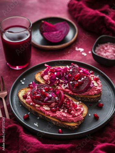 Monochrome set featuring beet hummus toast with pomegranate and pickled red onion on a plate with red juice