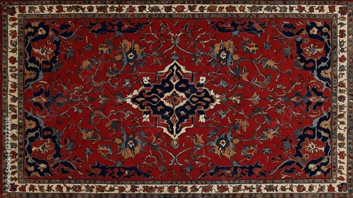 An intricately designed Persian rug featuring vibrant red, blue, and cream floral patterns that enhance any room's elegance.