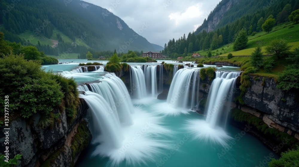 Fototapeta premium A detailed photo of Reichenbach Falls in Switzerland at dawn, rainy conditions, shot from above, capturing the cascading falls amidst the lush, rain-soaked landscape.
