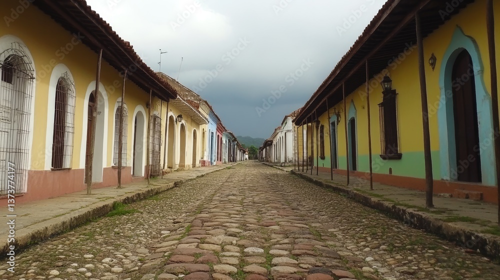 Fototapeta premium An old cobblestone street with historic architecture on both sides.