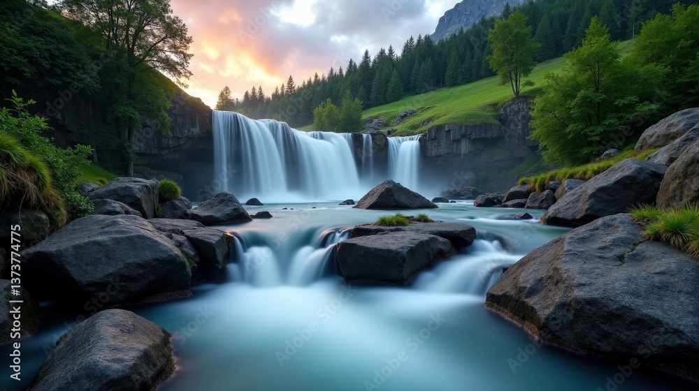 Fototapeta premium A high-quality photo of Reichenbach Falls in Switzerland at dawn, cloudy conditions, captured from an ordinary perspective with the waterfall shrouded in mist.