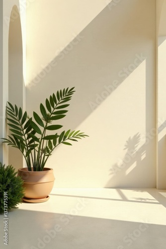 Serene Minimalist Indoor Scene with Potted Plant and Sunlight Shadows on a Neutral Wall