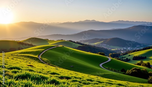 Lush green rolling hills with a winding path, misty mountains in the background, and a golden sunrise. A peaceful and bright natural landscape.