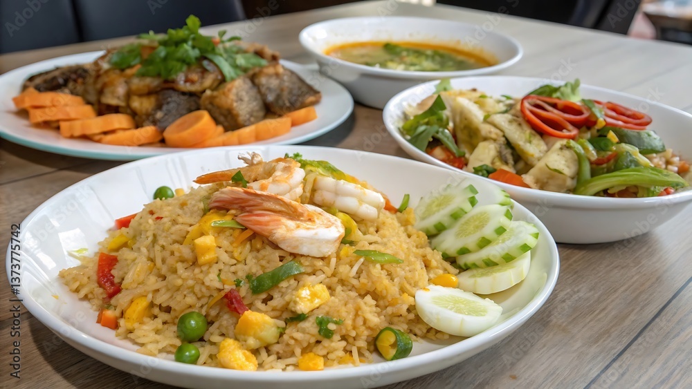 Dining Table with Crab Fried Rice, Sour Curry with Fish Eggs, and Seafood Mantis Shrimp Salad Dining Table with Crab Fried Rice, Sour Curry with Fish Eggs, and Seafood Mantis Shrimp Salad