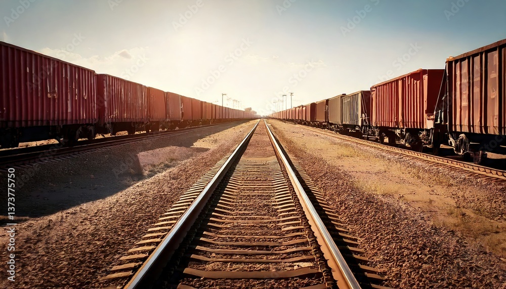 A perspective view of railway tracks flanked by freight train cars under a bright sky, conveying a sense of distance and industrial landscape. A perspective view of railway tracks flanked by freight train cars under a bright sky, conveying a sense of distance and industrial landscape.