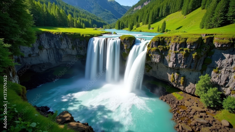 Obraz premium A professional photo of Reichenbach Falls in Switzerland during mid-day with sunny conditions, captured from an aerial perspective, highlighting the falls' grandeur.
