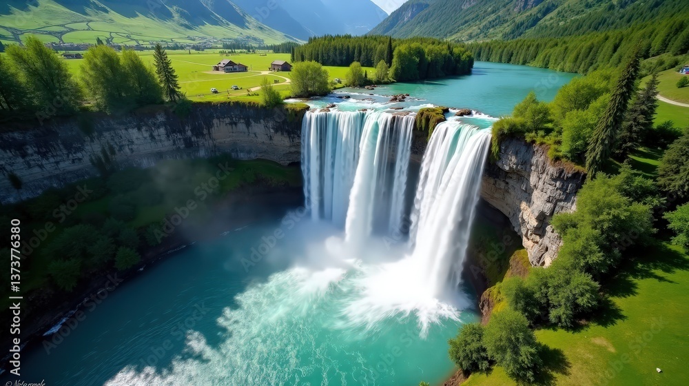 Fototapeta premium A professional photo of Reichenbach Falls in Switzerland during mid-day with sunny conditions, captured from an aerial perspective, highlighting the falls' grandeur.