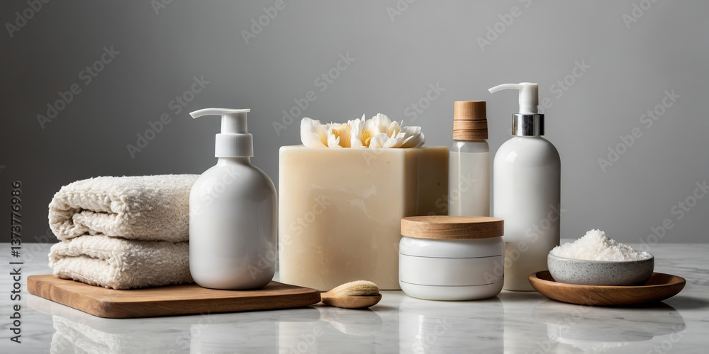 Modern skincare arrangement featuring bottles, towels, and natural elements on a marble surface Modern skincare arrangement featuring bottles, towels, and natural elements on a marble surface