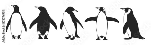 A series of black and white drawings of penguins in various poses. The mood of the images is playful and whimsical, as the penguins appear to be dancing, performing various actions. Vector silhouettes