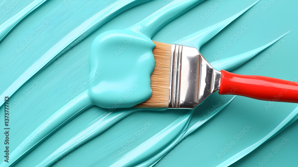Close-up Paintbrush with Turquoise Paint on a Textured Surface Close-up Paintbrush with Turquoise Paint on a Textured Surface