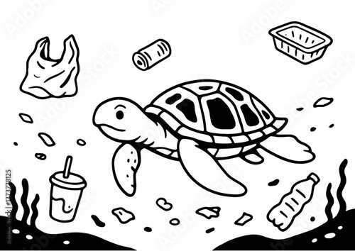Illustration of turtle in polluted ocean highlighting marine life and environmental issues