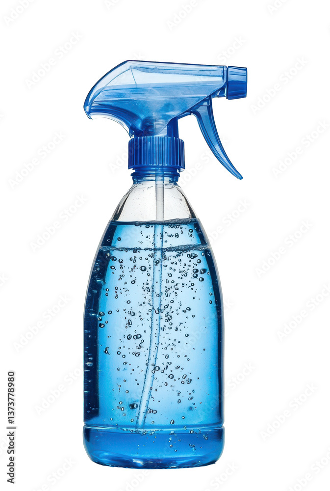 Classic blue spray bottle with transparent trigger and bubbles