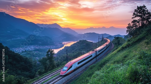 A high-speed train gliding through a scenic mountain landscape at sunrise.