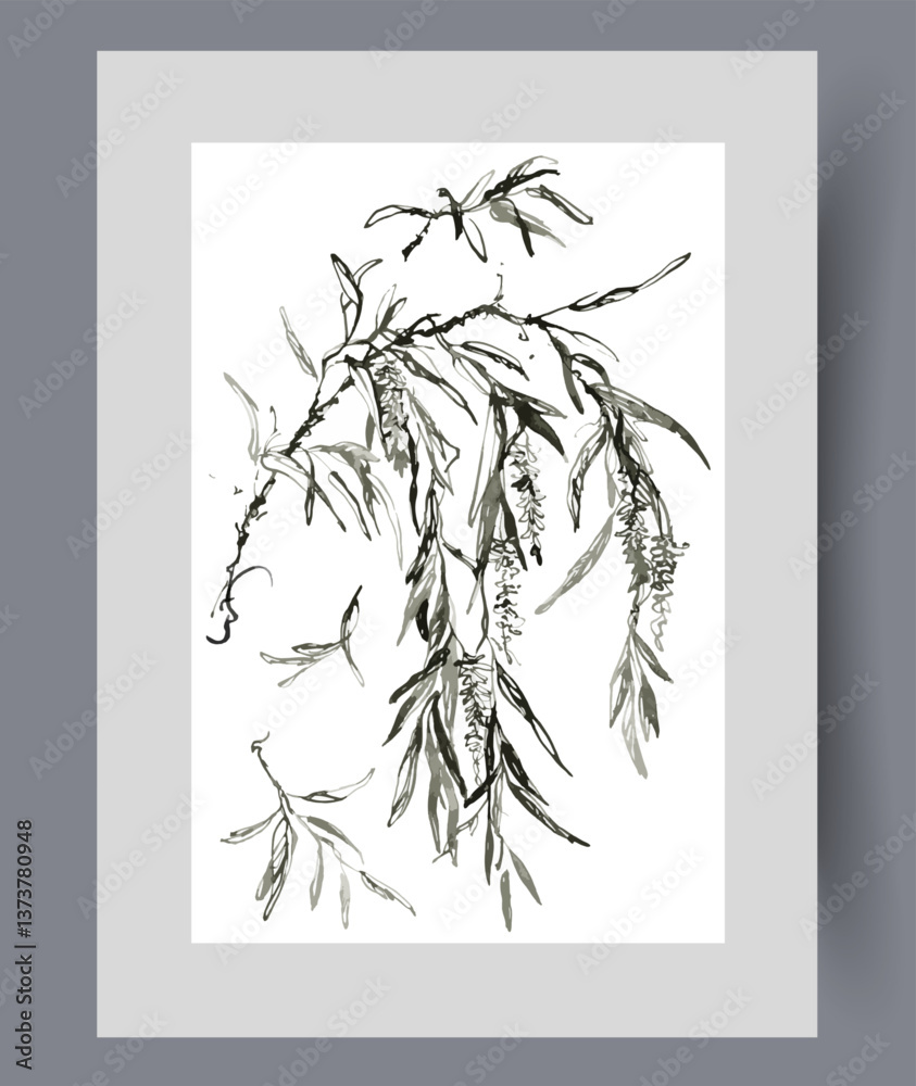 Willow tree twig with hanging petals and tassels filled with plant seeds on poster. Watercolor artwork. Wall art with willow tree at end of flowering and onset of autumn, in frame with decor for print