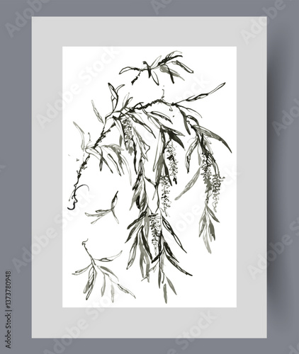Obraz na płótnie Willow tree twig with hanging petals and tassels filled with plant seeds on poster. Watercolor artwork. Wall art with willow tree at end of flowering and onset of autumn, in frame with decor for print w salonie