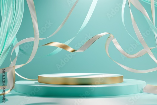 Podium with flying blue and gold ribbons