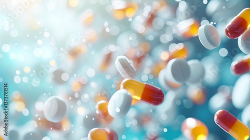 Medical blurred background with flying pills and capsules