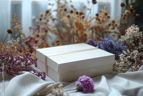 Blank mockup of a white box on a light background and dried flowers
