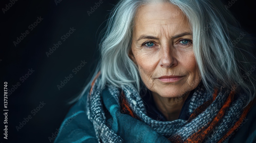 Elegant Senior Woman with Long Gray Hair and Warm Scarf Elegant Senior Woman with Long Gray Hair and Warm Scarf