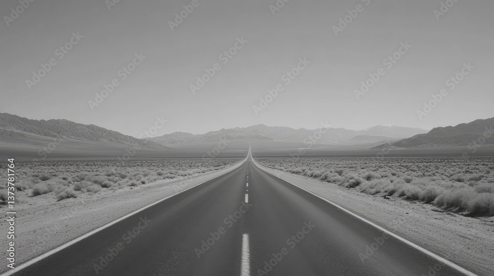 Fototapeta premium A long, straight desert road stretching into the horizon, surrounded by sand dunes.