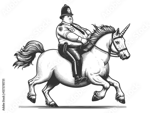 uniformed police officer riding a galloping unicorn, blending realism with fantasy in a humorous and imaginative artistic style sketch engraving generative ai raster. Scratch board. Black and white.
