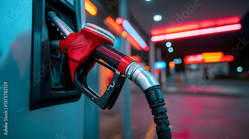 Red Fuel Pump at Night Gas Station