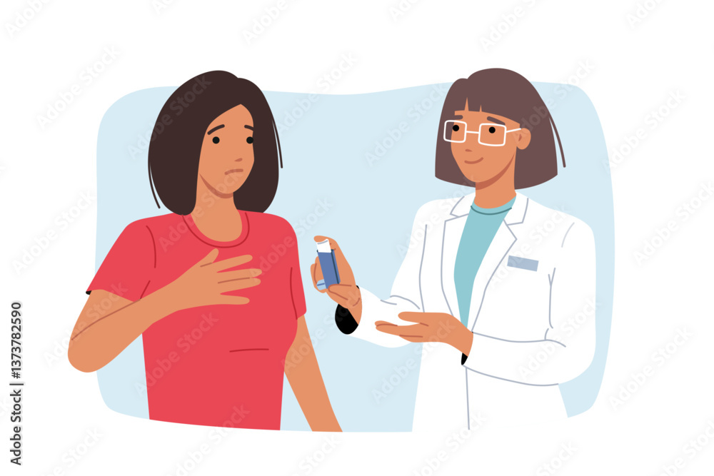 Doctor gives inhaler to woman who is suffering from asthma or allergies and is experiencing attack of shortness of breath. Medical specialist recommends new inhaler to help cope with chronic illness.