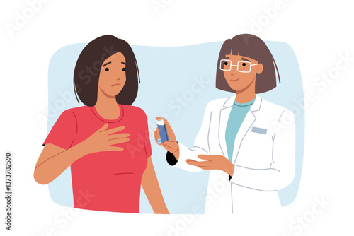 Obraz na płótnie Doctor gives inhaler to woman who is suffering from asthma or allergies and is experiencing attack of shortness of breath. Medical specialist recommends new inhaler to help cope with chronic illness. w salonie