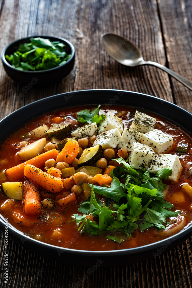Fresh vegetable soup with chickpeas, feta cheese and cilantro on wooden table Fresh vegetable soup with chickpeas, feta cheese and cilantro on wooden table