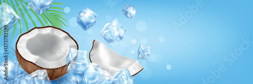 Realistic coconut whole and slice with flying ice cubes on blue background. Fresh cold drinks advertising banner concept with text space