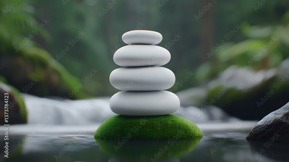 White Stones Stacked on Moss Near Flowing Water White Stones Stacked on Moss Near Flowing Water