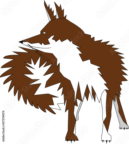 Fox wary and aggressive, spiky cartoon fox in brown and white. Fox listening and moving. 