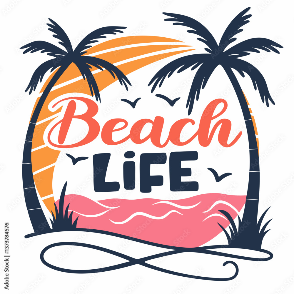 Fototapeta premium Beach Life: Summer Vacation Tropical Palm Trees Sunset Design