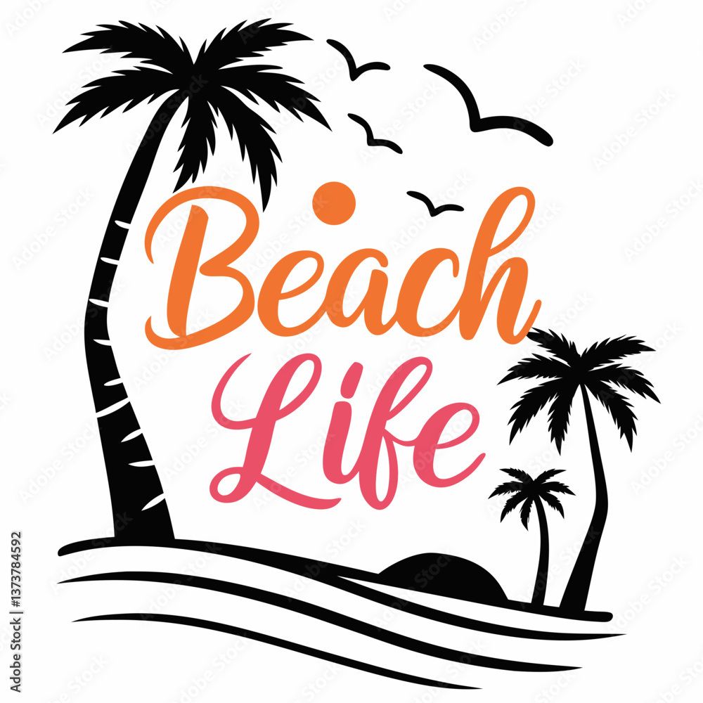 Obraz premium Beach Life: Palm Trees, Ocean Waves, and Sunset Silhouette Design