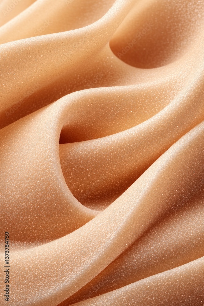 Fototapeta premium A soft, peach-colored fabric drapes gracefully, revealing delicate folds and a smooth texture. The warm tones create a serene and inviting atmosphere