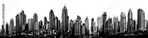 Black and white panorama city with skyscrapers.
