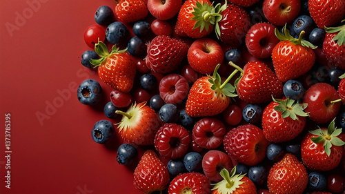 Fresh red fruits and berries (strawberries, raspberries, red apple, red currants, cherries) arranged around red background