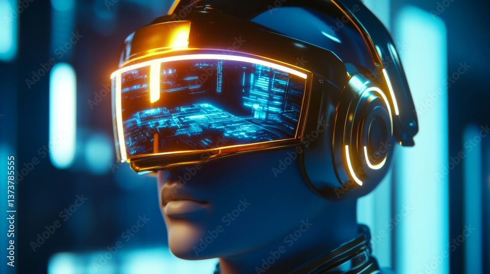 A cybernetic head with a glowing neon blue VR headset, showcasing a high-tech interface with digital graphics, surrounded by a futuristic ambiance.. AI Generation A cybernetic head with a glowing neon blue VR headset, showcasing a high-tech interface with digital graphics, surrounded by a futuristic ambiance.. AI Generation
