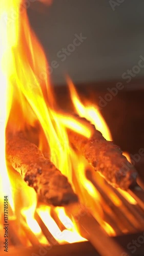 Grilling delicious kebabs over open flames food preparation area culinary art vibrant kitchen environment close-up perspective flavorful cooking concept