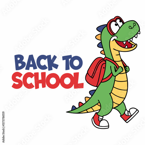 Happy Dinosaur with Backpack Going Back to School