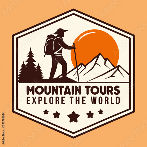 Mountain Tours Adventure Logo With Hiker Exploring Wilderness And Trekking Scenery