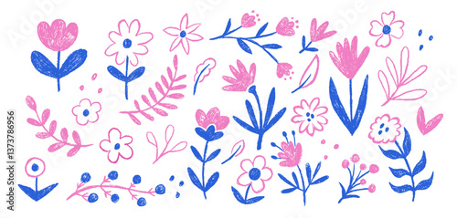 Set of flower kid crayon pencil. Abstract drawn floral elements. Child color crayon chalk botanical plant. Blue and pink colors
