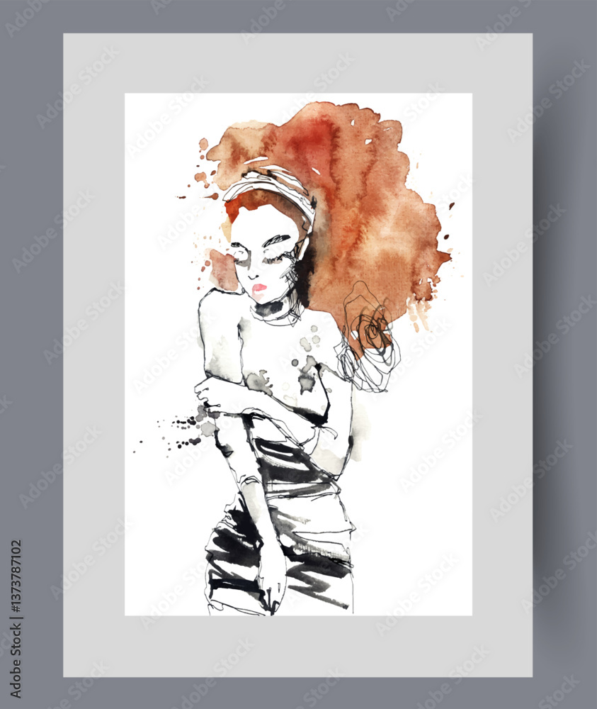 Shy woman with lush red hair closes eyes and looks down feeling discomfort. Watercolor poster. Artwork with shy woman embarrassed by inappropriate compliment, in frame with decor for wall art
