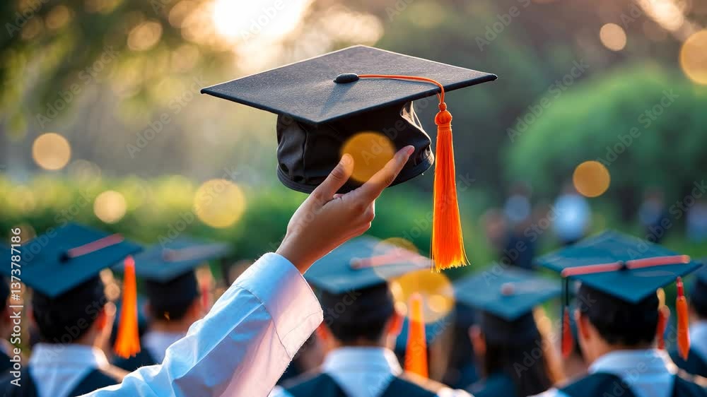 Graduation ceremony with students holding hats in hand, signifying success for graduates, concept of education and congratulation.