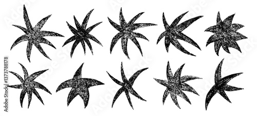 Set of stars, twinkle and spark with crayon shape. Retro spiked circle stickers. Bursting explosion star.