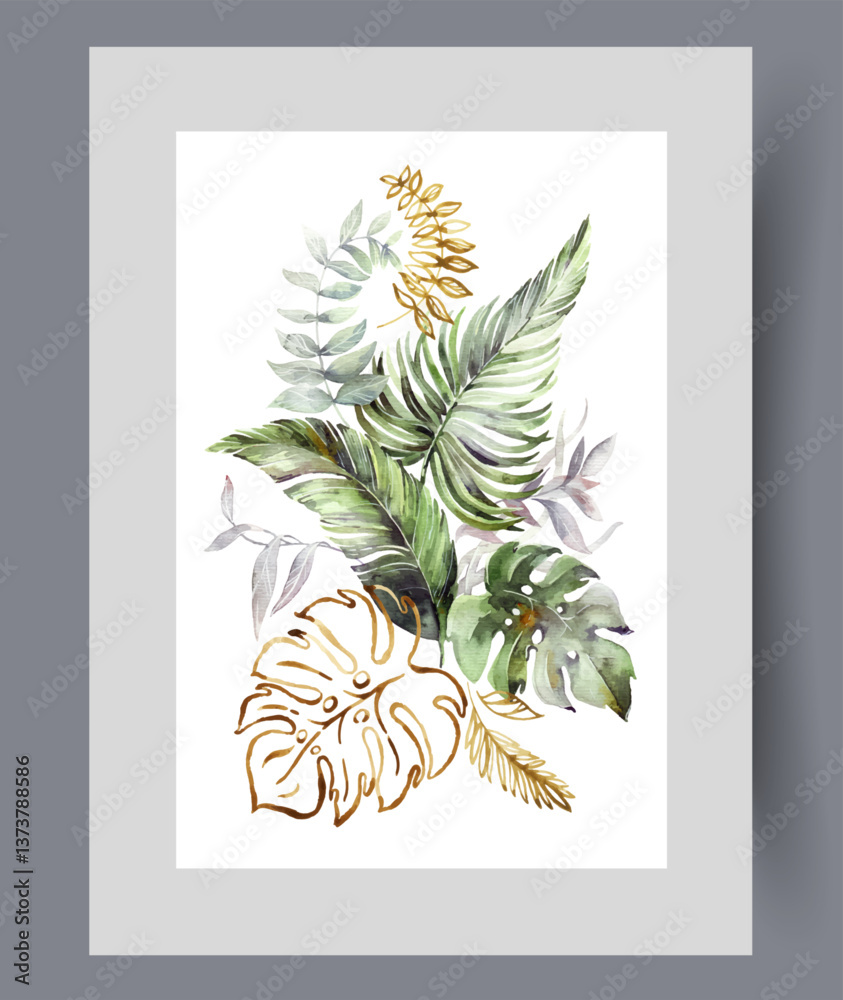 Thickets of tropical vegetation and palm petals and jungle bushes on print. Watercolor poster. Artwork with exotic vegetation of southern regions and islands in ocean, in frame with decor for wall art