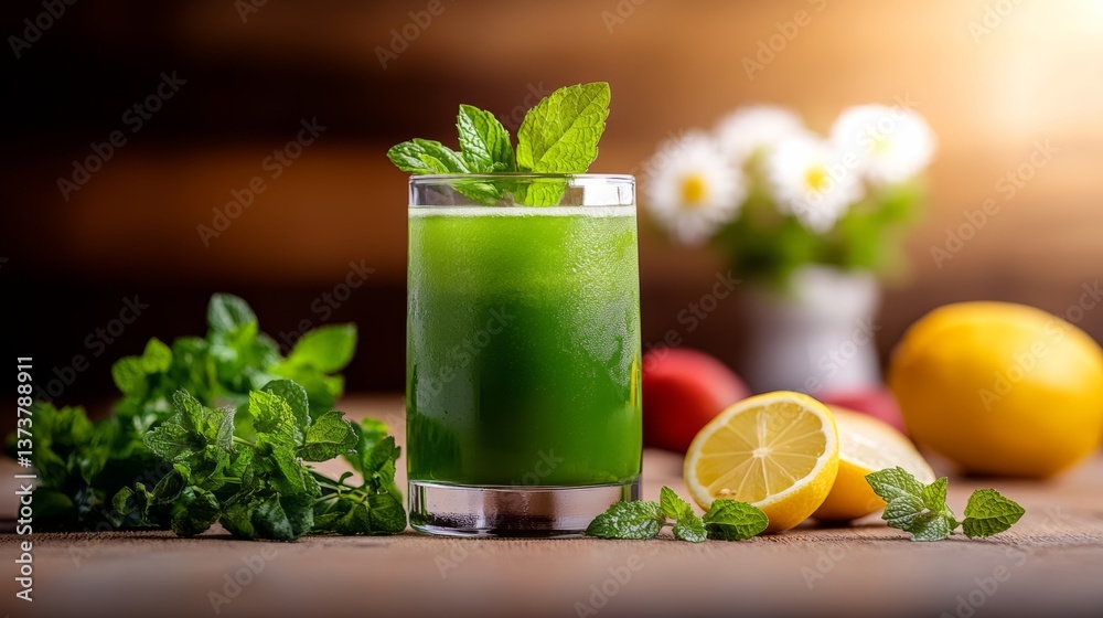 Glass of green juice with a sprig of mint on top. A few lemons and a couple of oranges are on the table Glass of green juice with a sprig of mint on top. A few lemons and a couple of oranges are on the table
